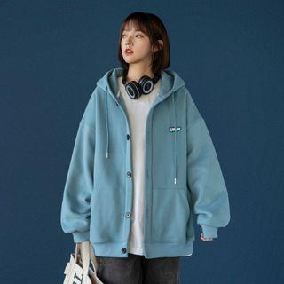 Letter Embroidered Hooded Button-up Jacket