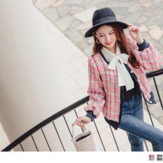 Contrast Trim Beaded Button Tweed Cardigan