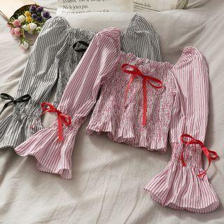 Ribbon-accent Pinstripe Smocked Crop Top