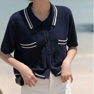 Short-sleeve Cropped Cardigan Navy Blue - One Size