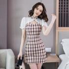 Short-sleeve Plaid Cutout Mini Bodycon Qipao Dress