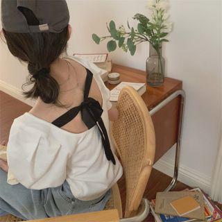 Puff Sleeve U-neck Back Tie-strap Top White - One Size