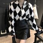 Long-sleeve Argyle Blouse / Faux Leather A-line Skirt