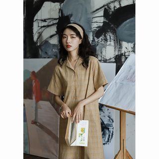 Plaid Short-sleeve Tie-waist Midi A-line Shirtdress