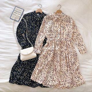 Heart Print Lace-up Long-sleeve Dress