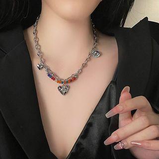 Heart Bead Alloy Necklace 1pc - Silver & Red & Blue - One Size