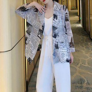 Newspaper Print Blazer / Camisole / Wide Leg Pants / Set