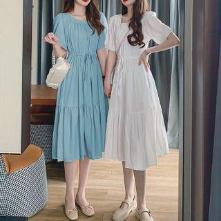 Puff Sleeve Plain Drawstring Waist Ruched A-line Dress