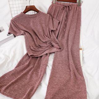Set: Twist-front Short-sleeve T-shirt + Drawstring-waist Wide-leg Pants