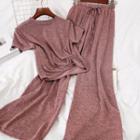 Set: Twist-front Short-sleeve T-shirt + Drawstring-waist Wide-leg Pants