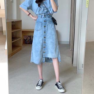 Asymmetrical Button-up Denim Midi A-line Skirt
