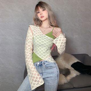 Set: Long-sleeve Asymmetrical Cutout Top + One-shoulder Camisole Top
