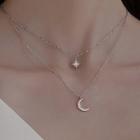 Rhinestone Crescent Star Layered Necklace 1pc - Silver - One Size