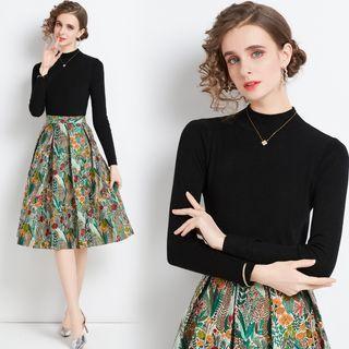 Set: Long-sleeve Mock-neck Knit Top + Floral Print Midi A-line Skirt