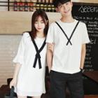 Couple Matching Contrast Trim Short Sleeve T-shirt / Elbow Sleeve Chiffon Dress