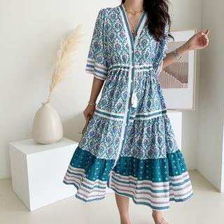 Patterned Shirtdress Tassel Trim Sash