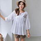 Balloon-sleeve Flower-embroidered Empire Top