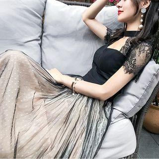 Short-sleeve A-line Mesh Evening Dress