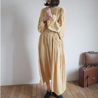 Long-sleeve Ruffle Midi A-line Dress Yellow - One Size