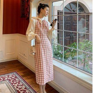 Plaid Crewneck Slim-fit High-waist A-line Puff-sleeve Dress