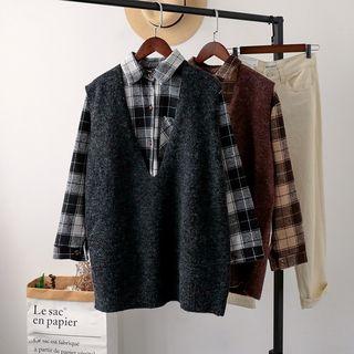 Set: Plaid Shirt + V-neck Knit Vest
