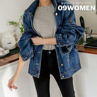 Plus Size Drop-shoulder Washed Denim Jacket