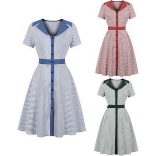 Short-sleeve Striped Collared A-line Dress
