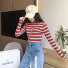 Mock-neck Striped Long-sleeve Knit Top As Shown In Figure - One Size