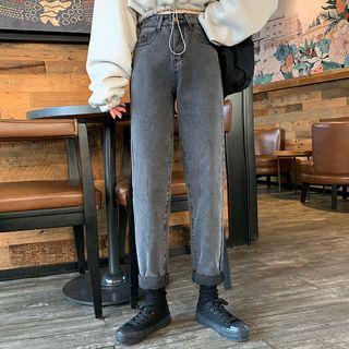 Long-sleeve Plain Knit Top / Straight-fit Jeans