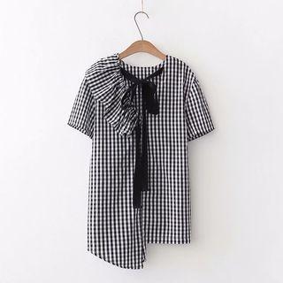 Plaid Short-sleeve Ruffle Asymmetrical Shift Dress