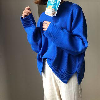 Crew-neck Side-slit Long-sleeve Knit Top