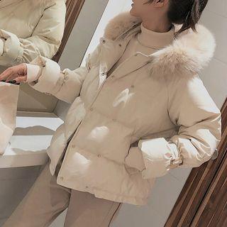 Furry-trim Hooded Double-breasted Puffer Jacket