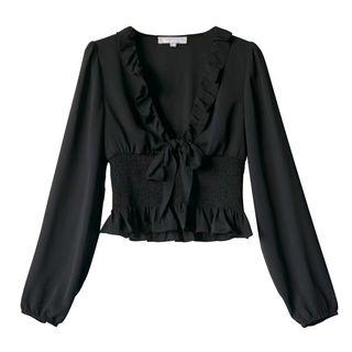 V-neck Ruffled Smocked Cropped Blouse