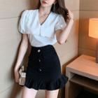 Puff-sleeve Blouse / Ruffle Trim A-line Skirt