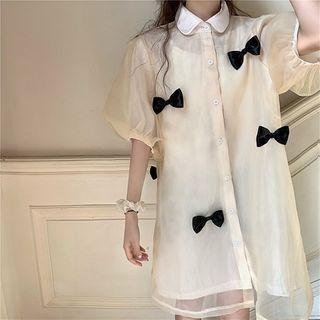 Bow Accent Puff-sleeve Shirtdress / A-line Skirt
