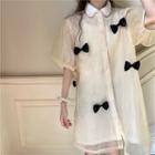 Bow Accent Puff-sleeve Shirtdress / A-line Skirt