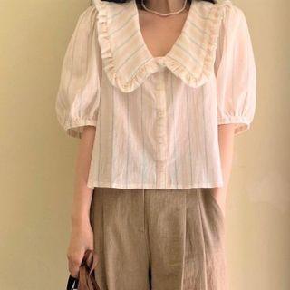 Short-sleeve Striped Doll-collar Blouse