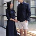 Couple Matching Plain Long-sleeve Shirt + Buttoned A-line Skirt / Shirt