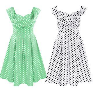 Cap-sleeve Polka Dotted A-line Dress