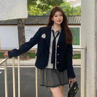 Logo Blazer / Plain Shirt / Pleated Mini A-line Skirt