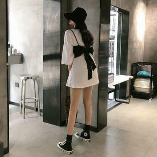 Plain Elbow-sleeve T-shirt / Ribbon Accent Camisole Top