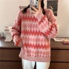 Round Neck Argyle Sweater Pink - One Size