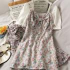 Patchwork Ribbon-accent Printed Mini Dress