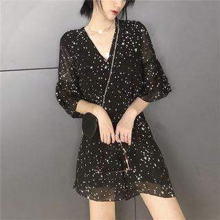 Star Print Elbow-sleeve Chiffon Playsuit