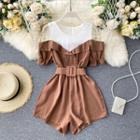 Round-neck Off-shoulder Short-sleeve Lace-up Strap Mock Two-piece Jumpsuit