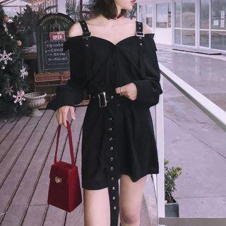 Off-shoulder Long-sleeve Buckled-strap Shirtdress