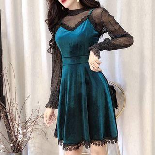 Set: Long-sleeve Mesh Top + Velvet Mini Pinafore Dress