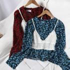 Set: Long-sleeve Floral Print Top + Crochet Camisole Top