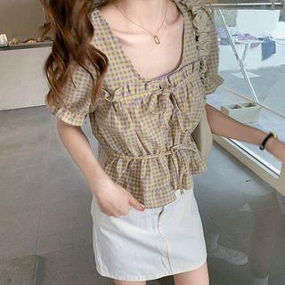 Ruffle Trim Gingham Short-sleeve Blouse