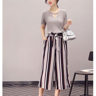 Set: Pleated Cutout Short-sleeve T-shirt + Stripe Wide Leg Cropped Pants
